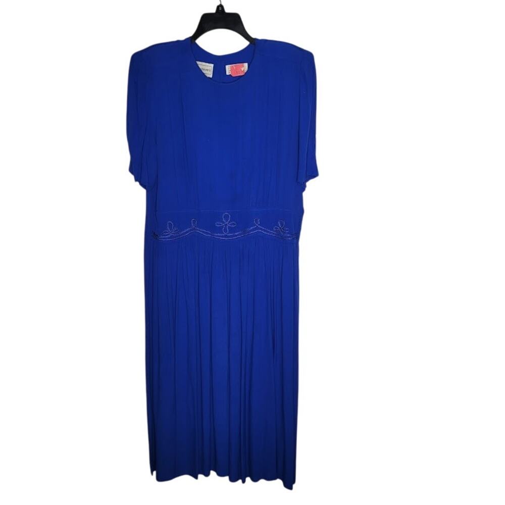 Karin Stevens Size 14 VINTAGE blue drop waist midi short sleeve Dress embroidery